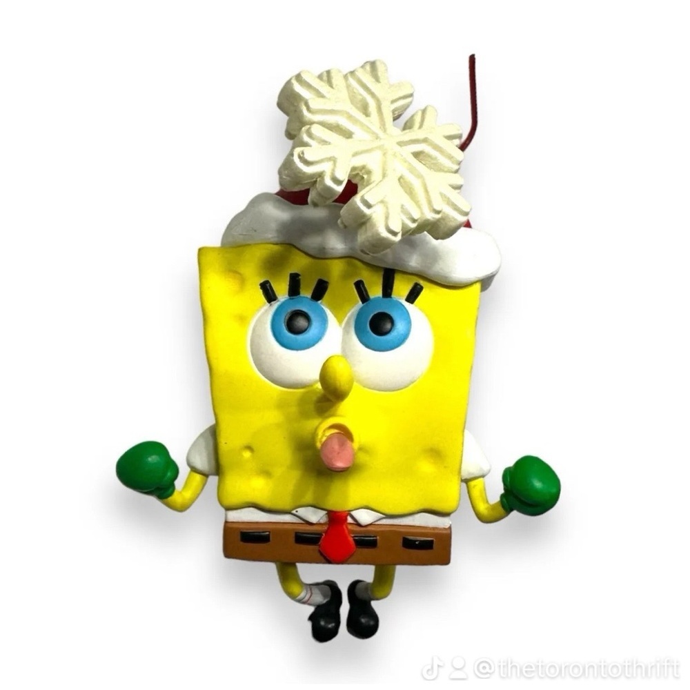 2005 Viacom SpongeBob Squarepants Christmas Ornament Santa Hat Licking Snowflake
